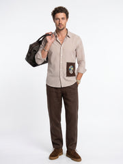 White Embroidred Striped Print Cotton Band Collar Men's Shirt