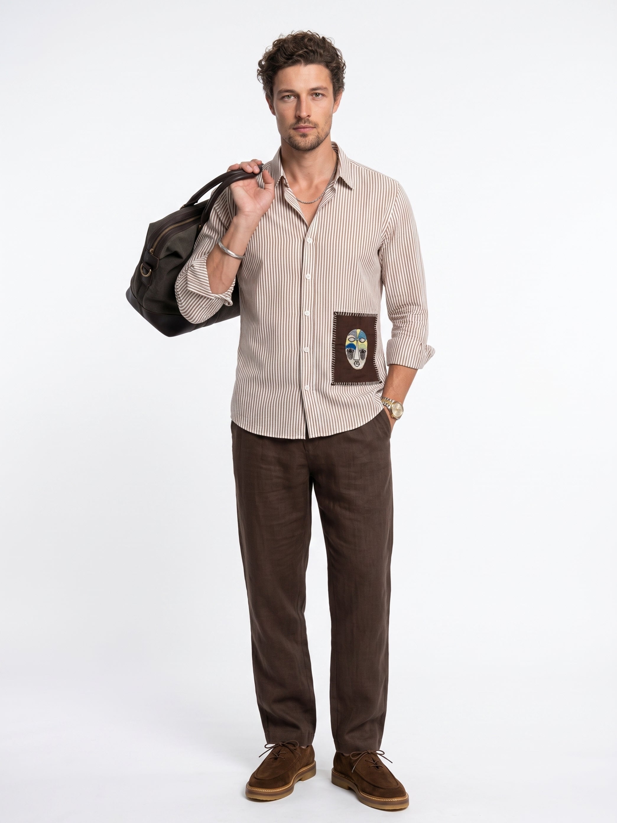 White Embroidred Striped Print Cotton Band Collar Men's Shirt
