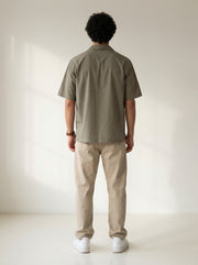 Olive Cuban Collar Solid Pure Cotton Oversized Men's Shirt