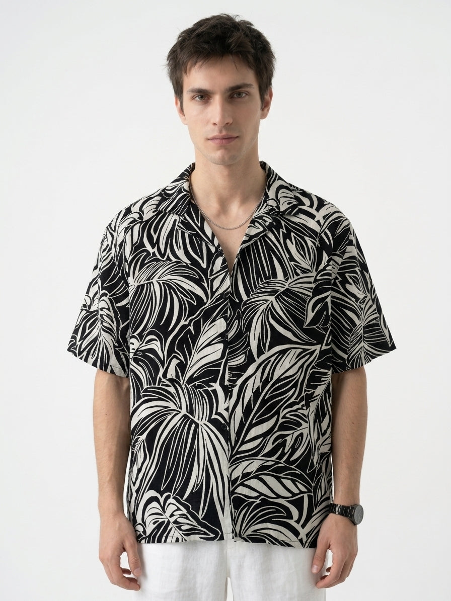 Black Abstract Print Viscose Rayon Cuban Collar Oversized Men's Shirt