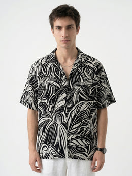 Black Abstract Print Viscose Rayon Cuban Collar Oversized Men's Shirt