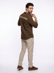 Brown Embroidred Band Collar Casual Cotton Men's Shirt