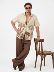 Yellow Safari Printed Cuban Collar Cotton Casual Men's Shirt