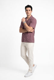 Mauve Solid Cuban Collar Casual Short Sleeve Cotton Men's Shirt