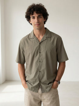 Olive Cuban Collar Solid Pure Cotton Oversized Men's Shirt