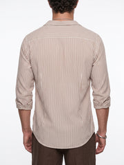 White Embroidred Striped Print Cotton Band Collar Men's Shirt