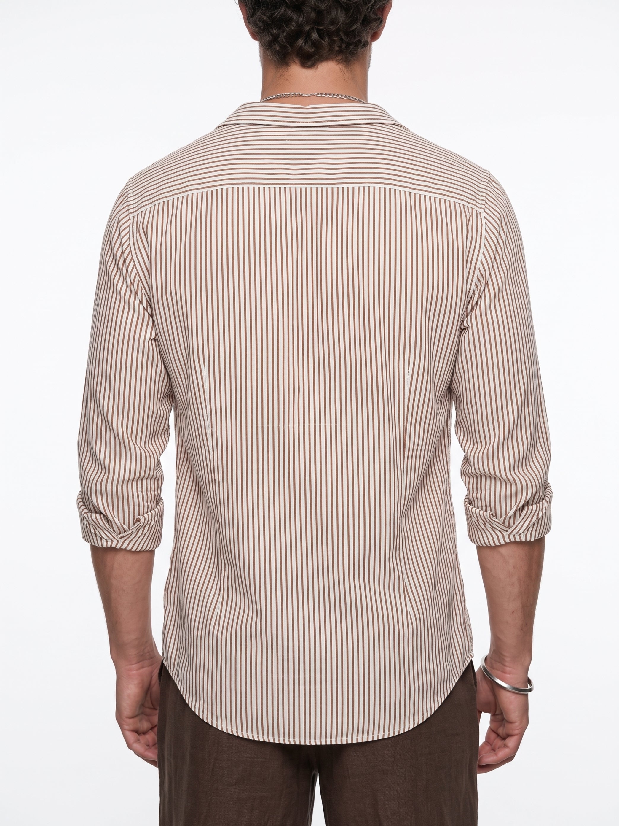 White Embroidred Striped Print Cotton Band Collar Men's Shirt