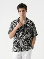 Black Abstract Print Viscose Rayon Cuban Collar Oversized Men's Shirt