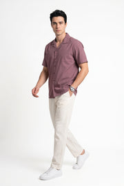 Mauve Solid Cuban Collar Casual Short Sleeve Cotton Men's Shirt