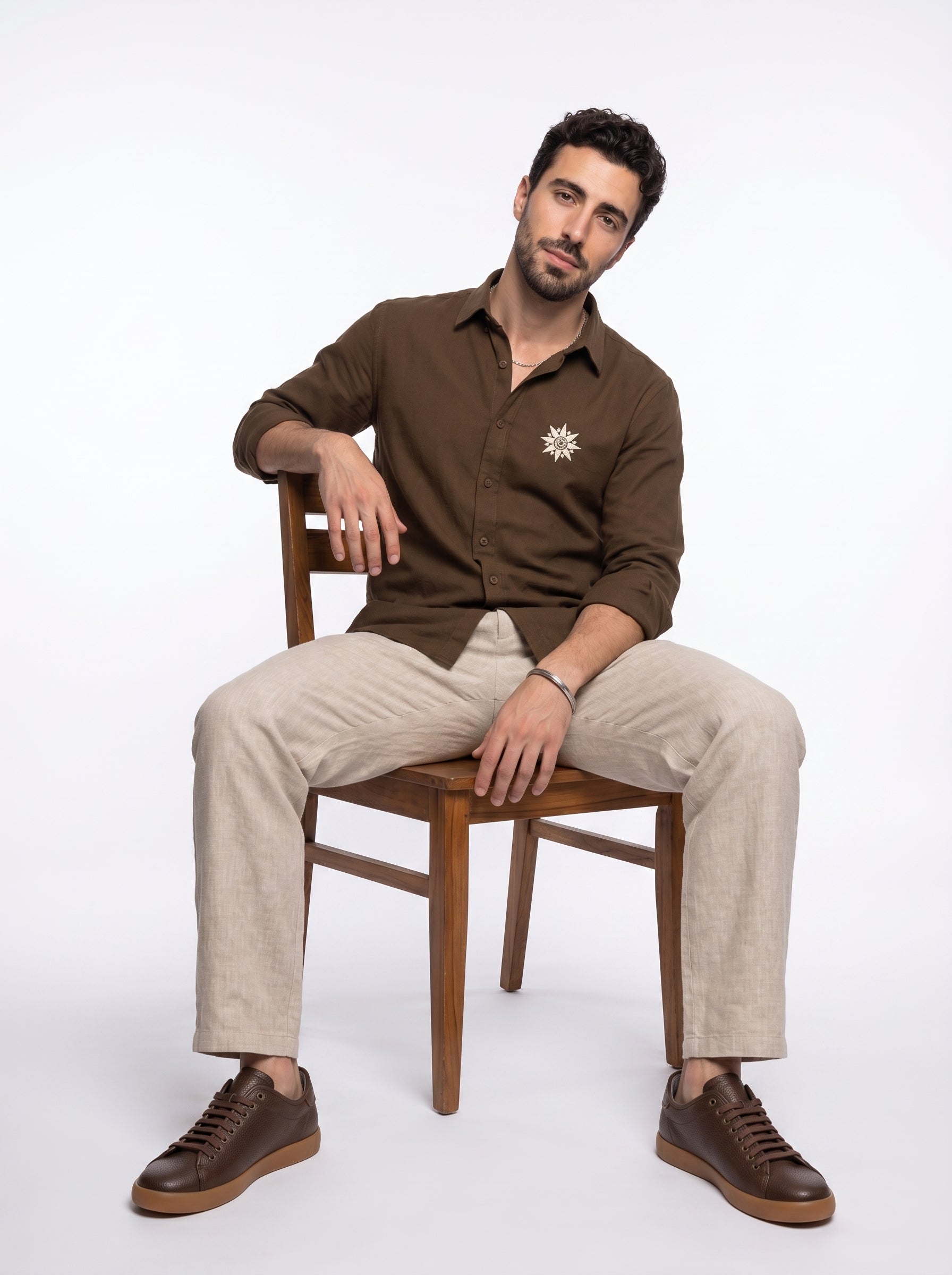 Brown Embroidred Band Collar Casual Cotton Men's Shirt