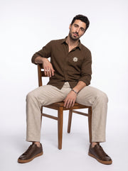 Brown Embroidred Band Collar Casual Cotton Men's Shirt