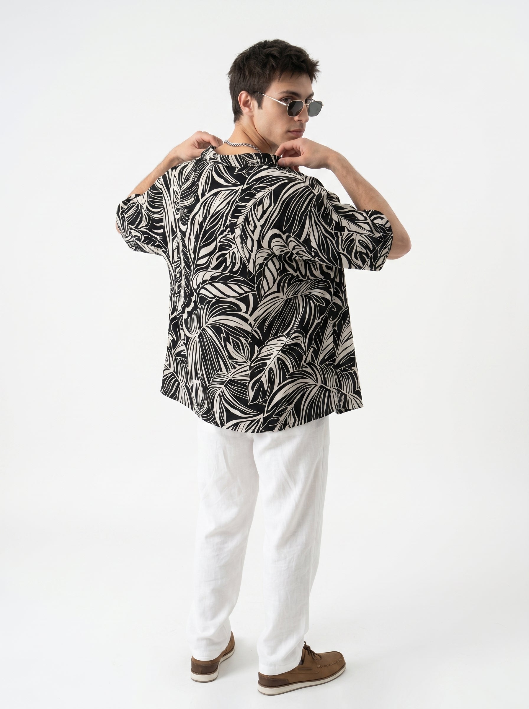 Black Abstract Print Viscose Rayon Cuban Collar Oversized Men's Shirt