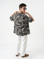 Black Abstract Print Viscose Rayon Cuban Collar Oversized Men's Shirt