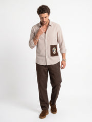 White Embroidred Striped Print Cotton Band Collar Men's Shirt