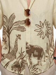 Yellow Safari Printed Cuban Collar Cotton Casual Men's Shirt