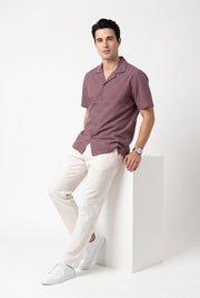 Mauve Solid Cuban Collar Casual Short Sleeve Cotton Men's Shirt