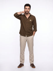 Brown Embroidred Band Collar Casual Cotton Men's Shirt