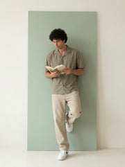 Olive Cuban Collar Solid Pure Cotton Oversized Men's Shirt