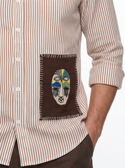 White Embroidred Striped Print Cotton Band Collar Men's Shirt