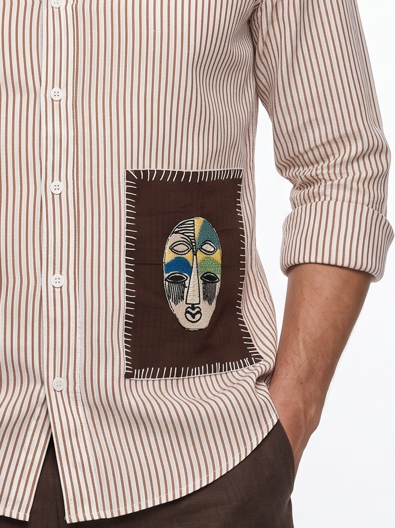 White Embroidred Striped Print Cotton Band Collar Men's Shirt