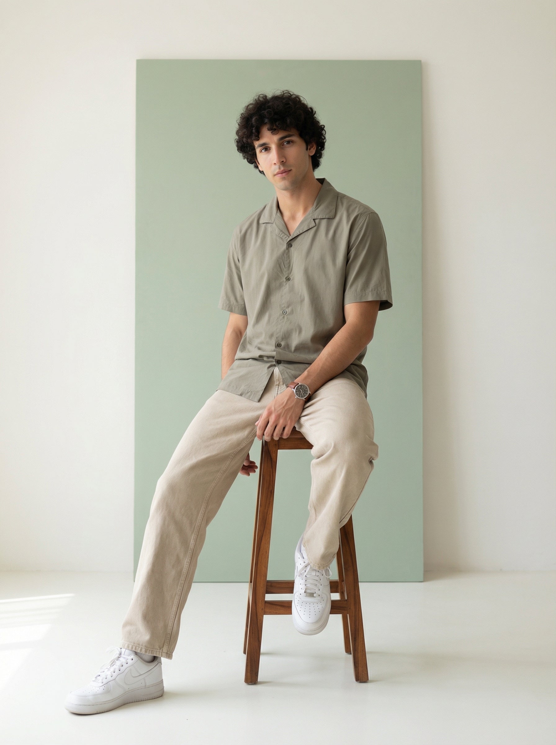 Olive Cuban Collar Solid Print Pure Cotton Men's Shirt