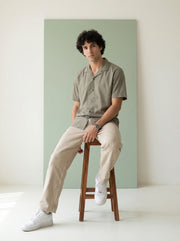 Olive Cuban Collar Solid Pure Cotton Oversized Men's Shirt
