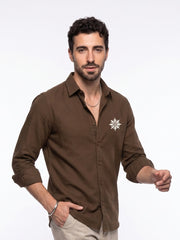 Brown Embroidred Band Collar Casual Cotton Men's Shirt