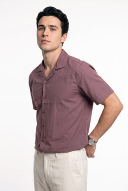 Mauve Solid Cuban Collar Casual Short Sleeve Cotton Men's Shirt