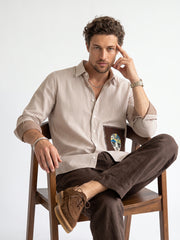 White Embroidred Striped Print Cotton Band Collar Men's Shirt