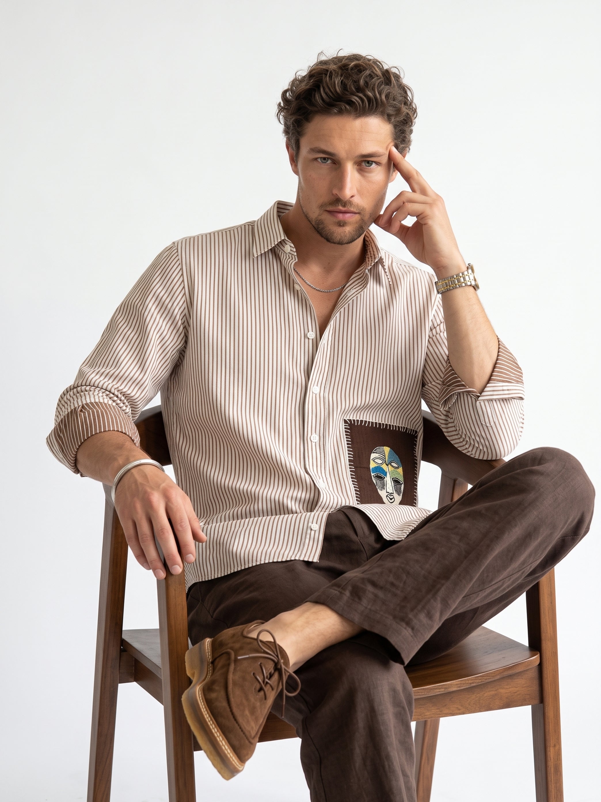 White Embroidred Striped Print Cotton Band Collar Men's Shirt