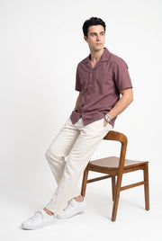 Mauve Solid Cuban Collar Casual Short Sleeve Cotton Men's Shirt