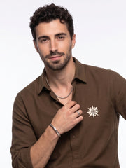 Brown Embroidred Band Collar Casual Cotton Men's Shirt