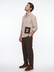 White Embroidred Striped Print Cotton Band Collar Men's Shirt