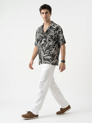 Black Abstract Print Viscose Rayon Cuban Collar Oversized Men's Shirt