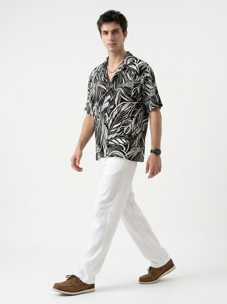 Black Abstract Print Viscose Rayon Cuban Collar Oversized Men's Shirt