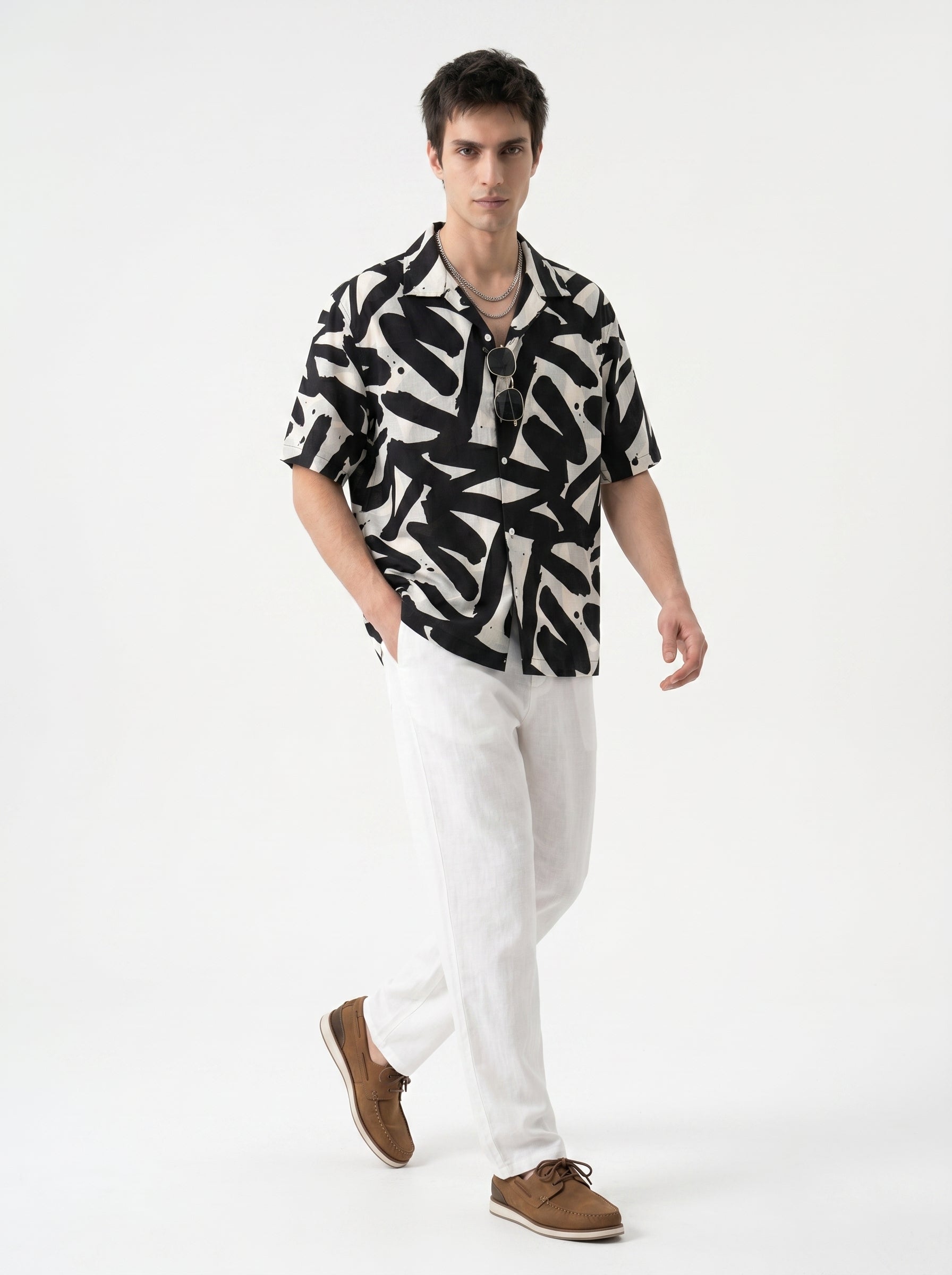 Black Abstract Print Cotton Cuban Collar Oversized Men's Shirt