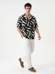 Black Abstract Print Cotton Cuban Collar Oversized Men's Shirt