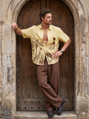 Yellow Safari Printed Cuban Collar Cotton Casual Men's Shirt