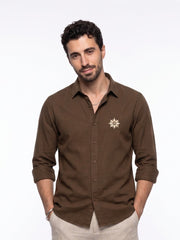 Brown Embroidred Band Collar Casual Cotton Men's Shirt