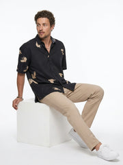 Black Band Collar Floral Print Casual Cotton Men's Shirt
