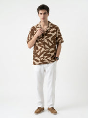 Brown Abstract Print Cuban Collar Cotton Casual Oversized Men's Shirt