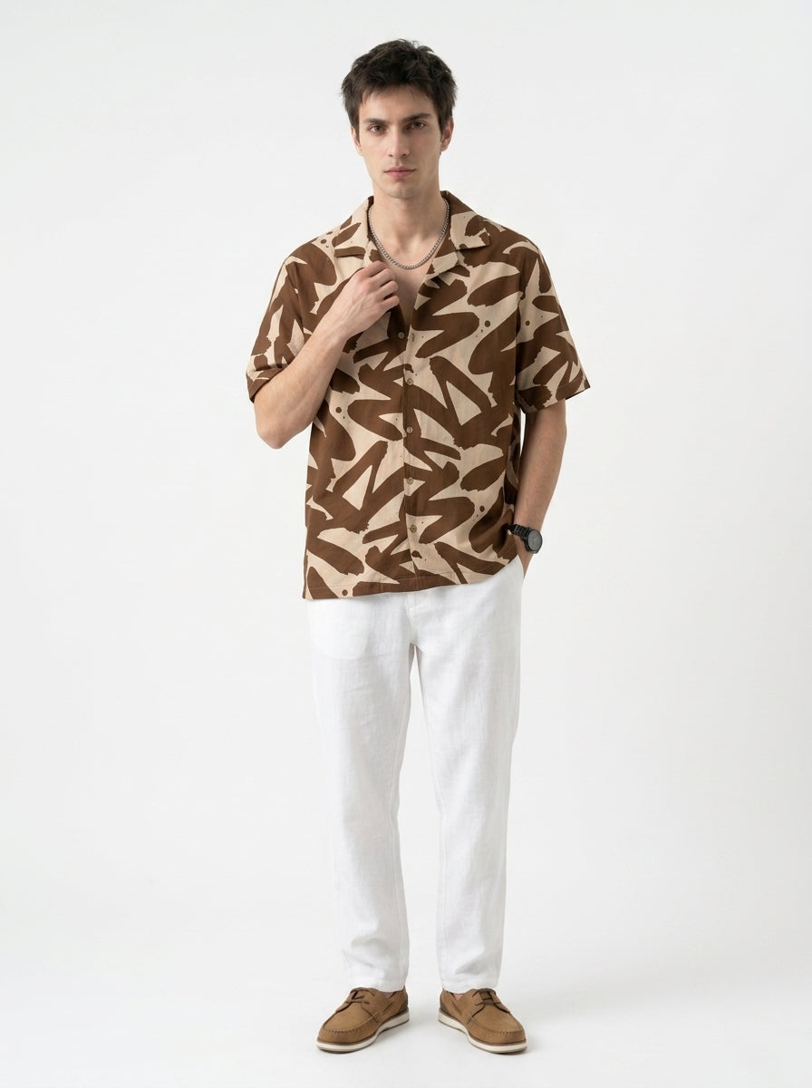 Brown Abstract Print Cuban Collar Cotton Casual Oversized Men's Shirt