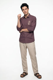 Mauve Embroidered Band Collar Cotton Casual Men's Shirt