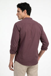 Mauve Embroidered Band Collar Cotton Casual Men's Shirt