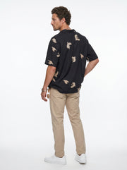 Black Band Collar Floral Print Casual Cotton Men's Shirt