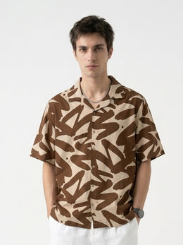 Brown Abstract Print Cuban Collar Cotton Casual Oversized Men's Shirt