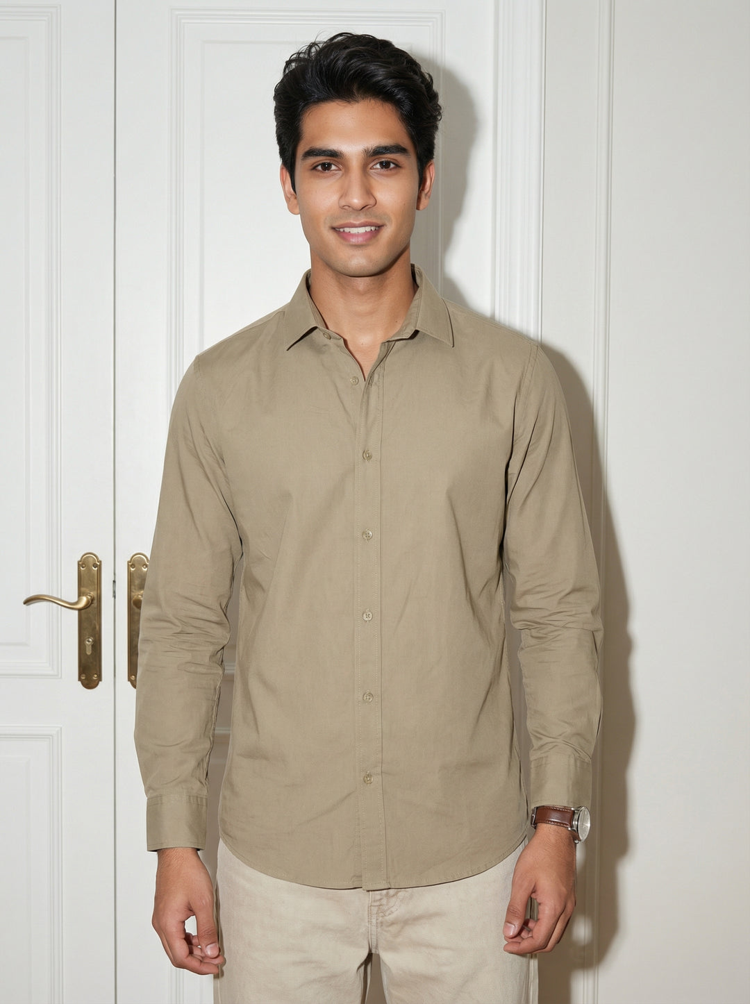 Brown Solid Band Collar Pure Cotton Men's Shirt