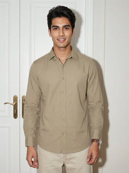 Brown Solid Band Collar Pure Cotton Men's Shirt