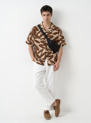 Brown Abstract Print Cuban Collar Cotton Casual Oversized Men's Shirt