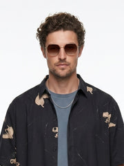 Black Band Collar Floral Print Casual Cotton Men's Shirt